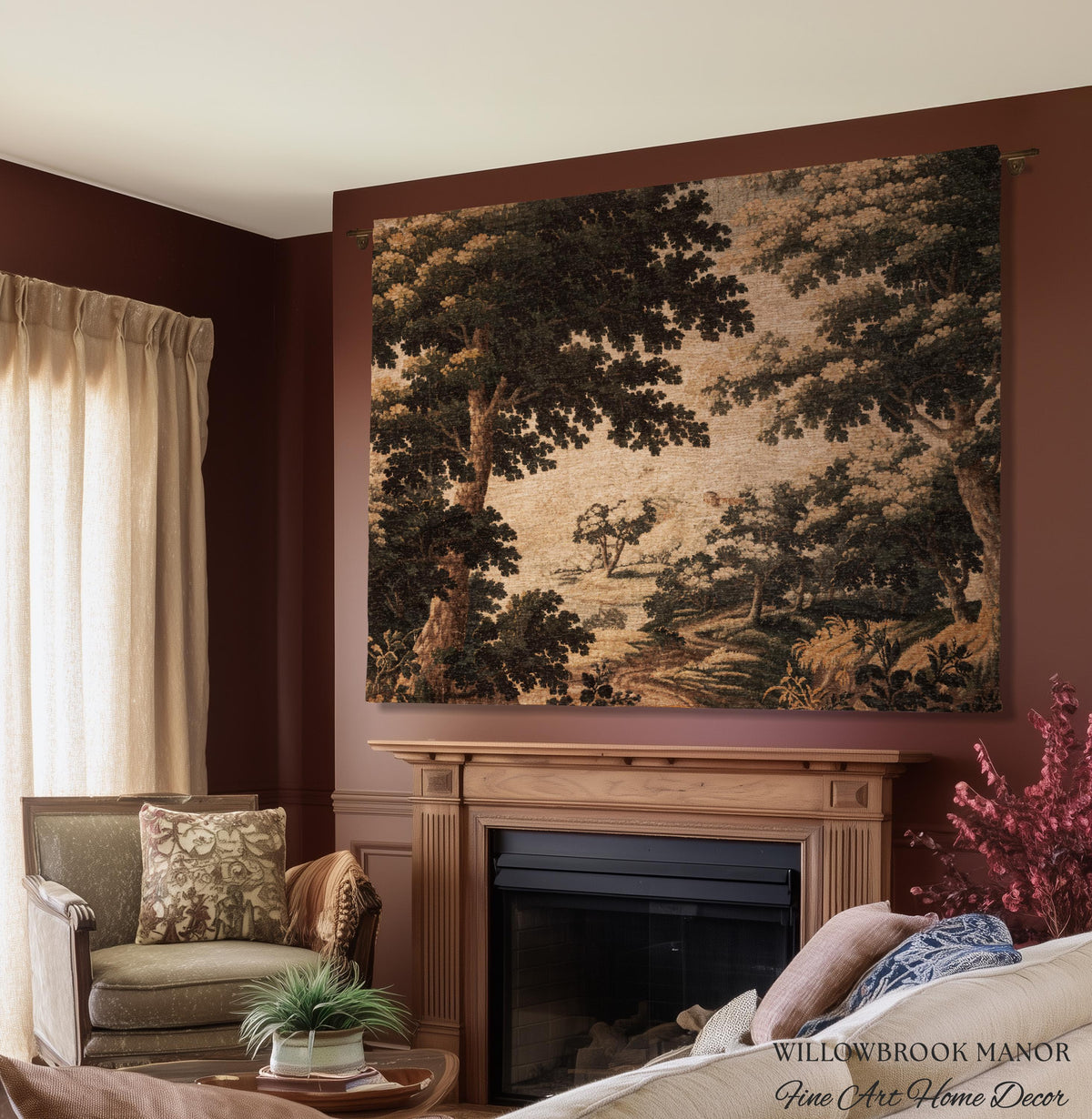 Earthy Woodland Woven Hanging Jacquard Tapestry Throw Blanket Old World Home Decor, Elegant English Country Foggy Woods Rustic Landscape Art