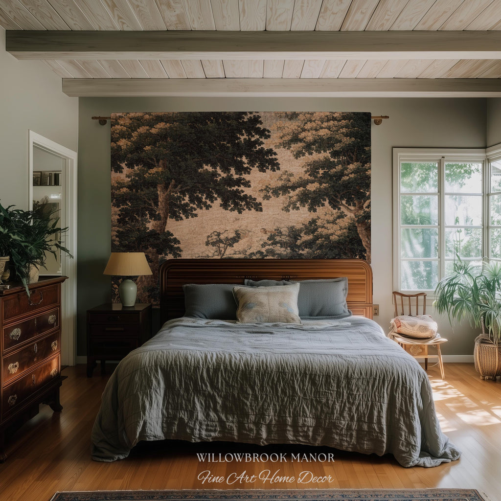 Earthy Woodland Woven Hanging Jacquard Tapestry Throw Blanket Old World Home Decor, Elegant English Country Foggy Woods Rustic Landscape Art