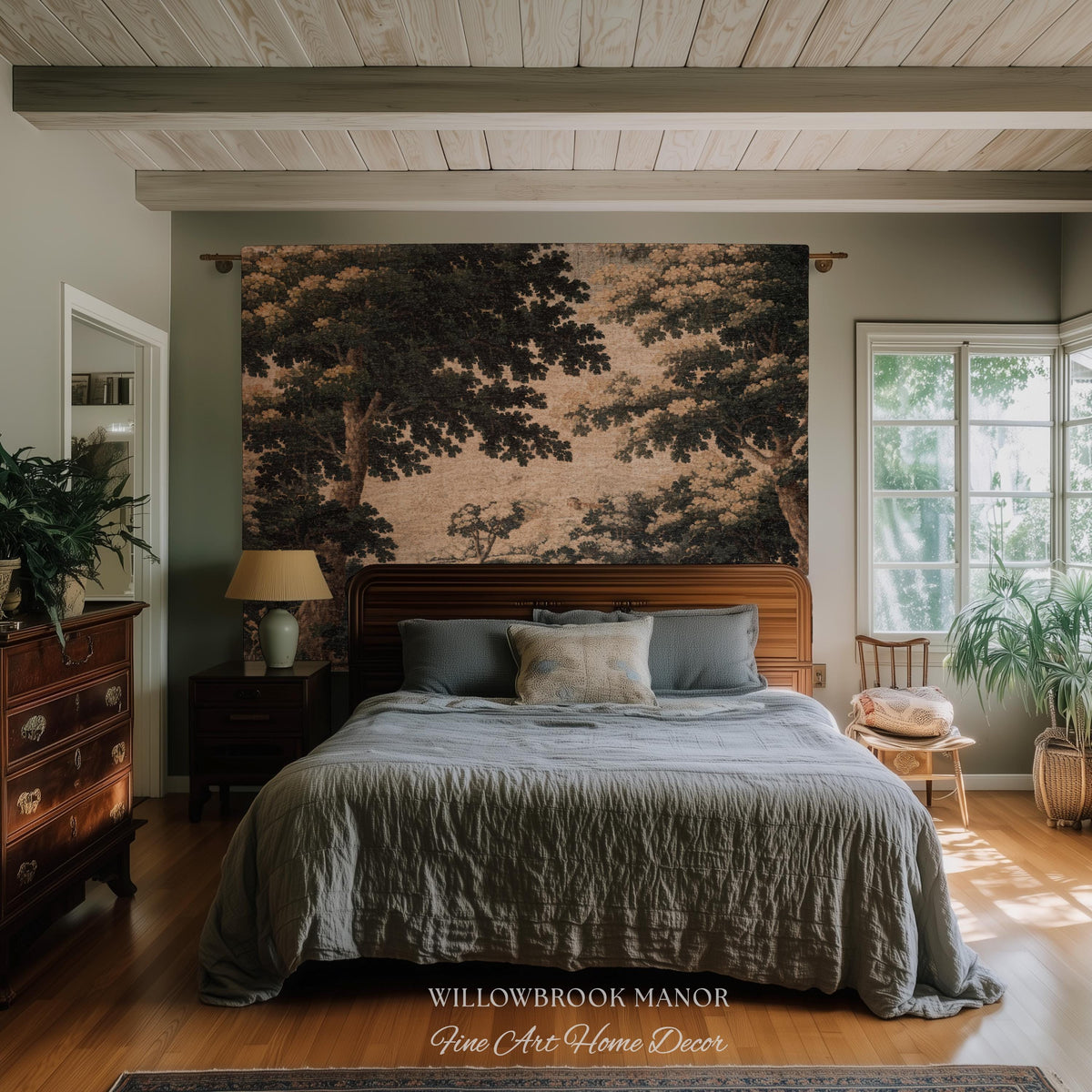 Earthy Woodland Woven Hanging Jacquard Tapestry Throw Blanket Old World Home Decor, Elegant English Country Foggy Woods Rustic Landscape Art