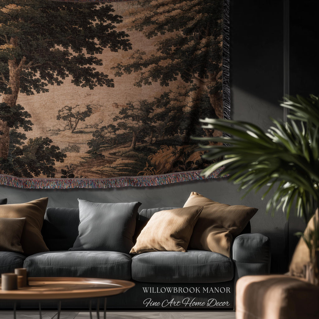 Earthy Woodland Woven Hanging Jacquard Tapestry Throw Blanket Old World Home Decor, Elegant English Country Foggy Woods Rustic Landscape Art