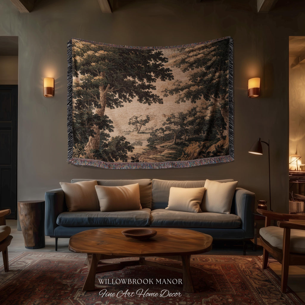 Earthy Woodland Woven Hanging Jacquard Tapestry Throw Blanket Old World Home Decor, Elegant English Country Foggy Woods Rustic Landscape Art