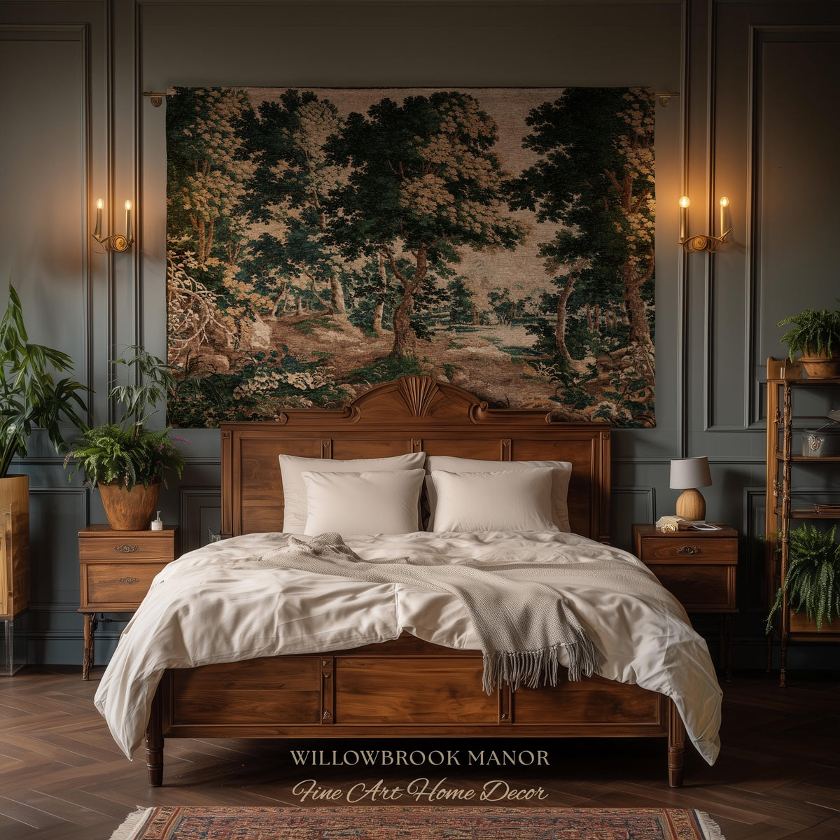 Woodland Forest Woven Blanket Wall Tapestry Decor | Antique French Textile Jacquard Tree Scene Art Traditional Greenery Pond Landscape Throw