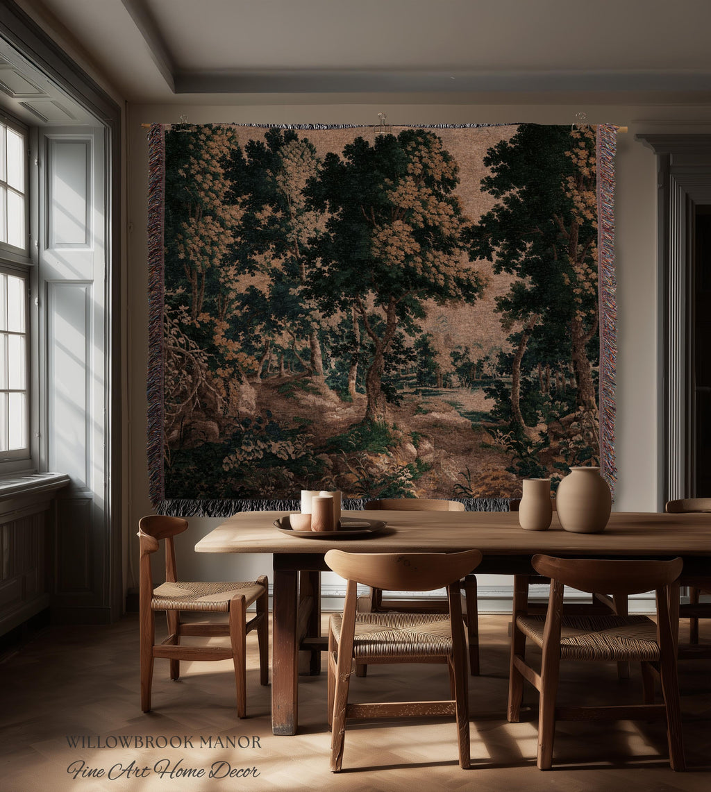 Woodland Forest Woven Blanket Wall Tapestry Decor | Antique French Textile Jacquard Tree Scene Art Traditional Greenery Pond Landscape Throw