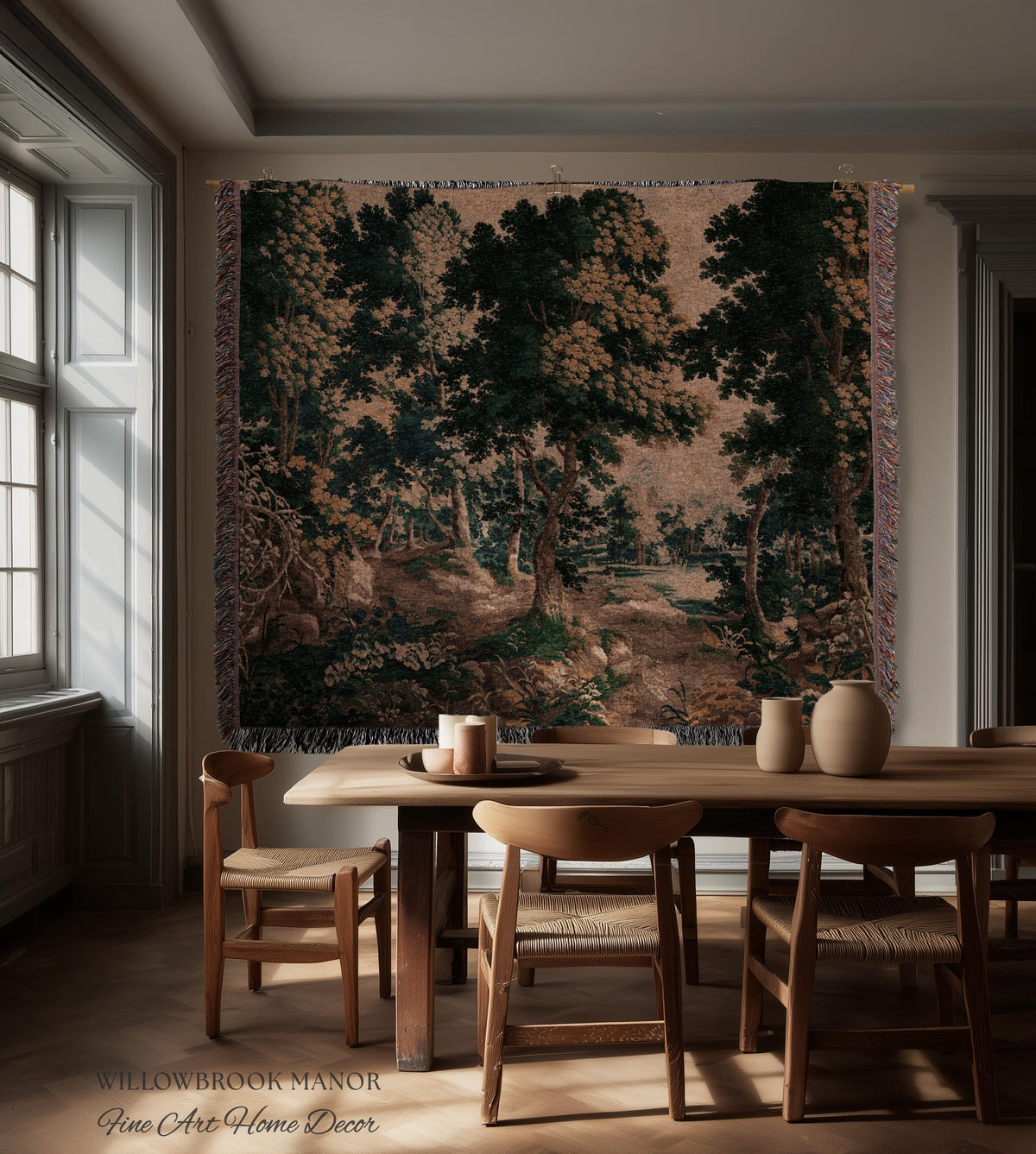 Woodland Forest Woven Blanket Wall Tapestry Decor | Antique French Textile Jacquard Tree Scene Art Traditional Greenery Pond Landscape Throw