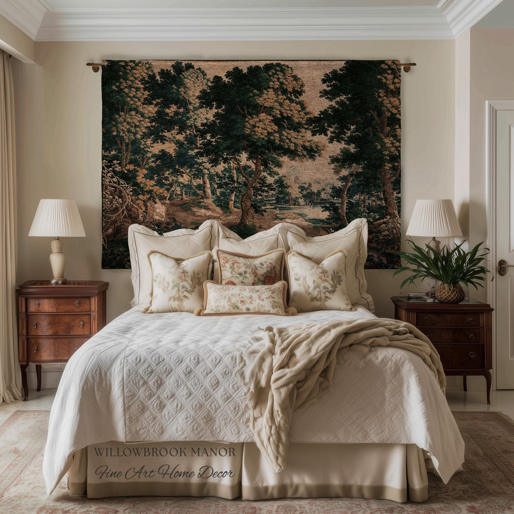 Woodland Forest Woven Blanket Wall Tapestry Decor | Antique French Textile Jacquard Tree Scene Art Traditional Greenery Pond Landscape Throw