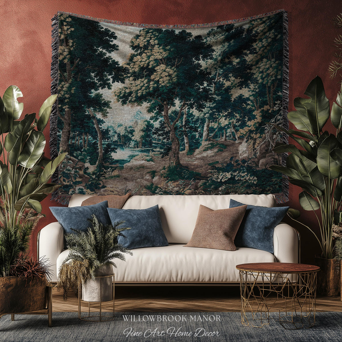 Antique Landscape Verdure Woven Woodland Scene European Tapestries | French Jacquard Heirloom Textile 17th Century Tapestry Classic Wall Art