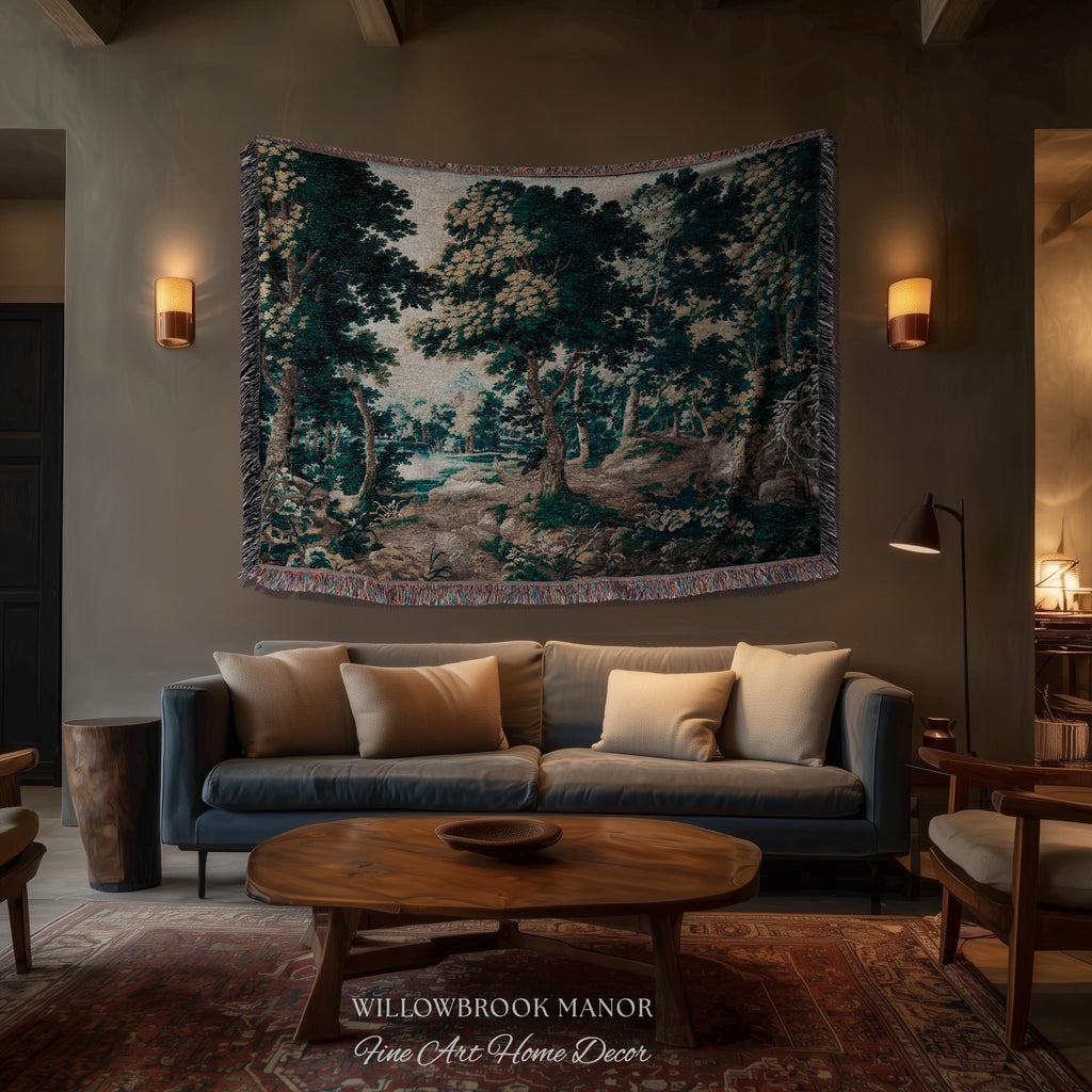 Antique Landscape Verdure Woven Woodland Scene European Tapestries | French Jacquard Heirloom Textile 17th Century Tapestry Classic Wall Art