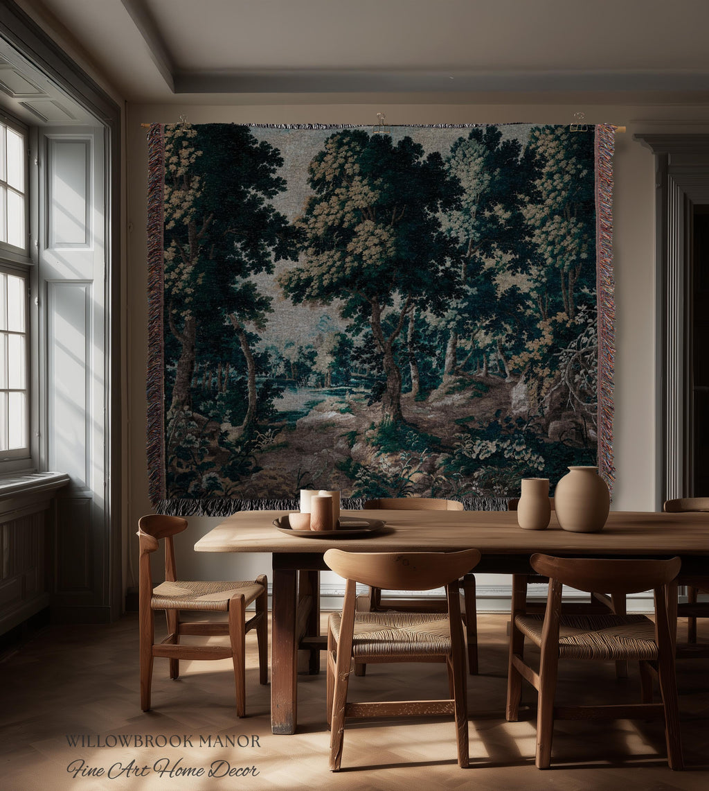 Antique Landscape Verdure Woven Woodland Scene European Tapestries | French Jacquard Heirloom Textile 17th Century Tapestry Classic Wall Art