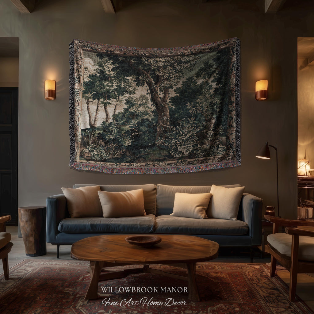 Enchanted Forest English Woodland Elegant Textile Art, Antique Cottage Style Decor Verdant Verdure Tapestry Woven Throw Nature Wall Hanging