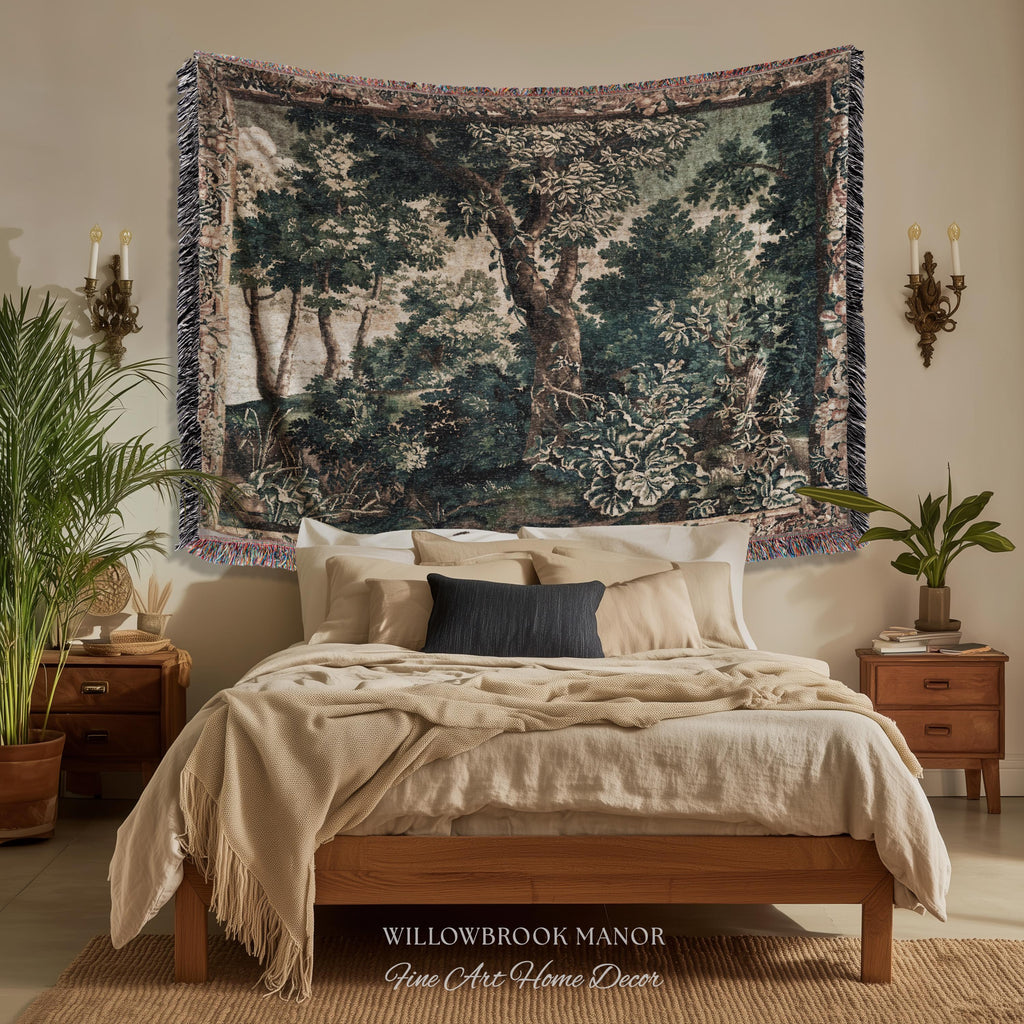 Enchanted Forest English Woodland Elegant Textile Art, Antique Cottage Style Decor Verdant Verdure Tapestry Woven Throw Nature Wall Hanging