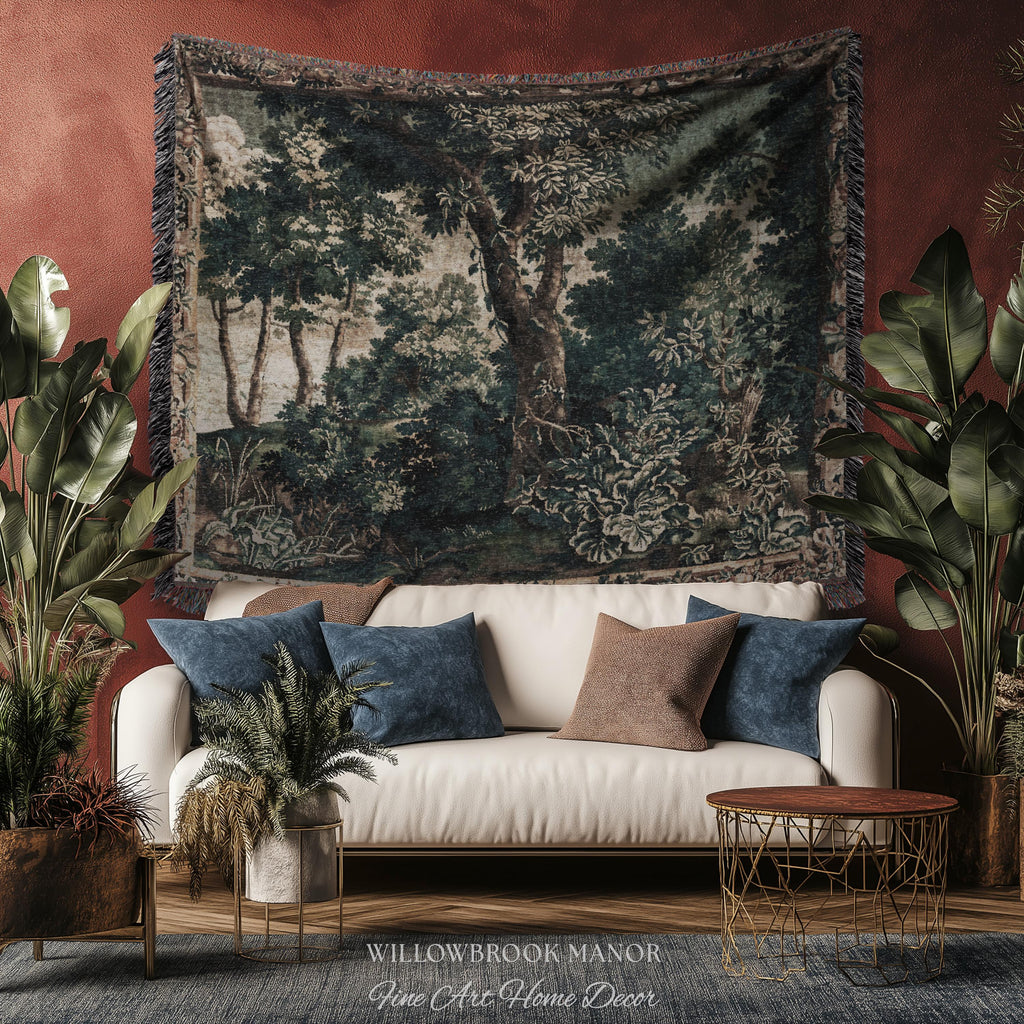 Enchanted Forest English Woodland Elegant Textile Art, Antique Cottage Style Decor Verdant Verdure Tapestry Woven Throw Nature Wall Hanging