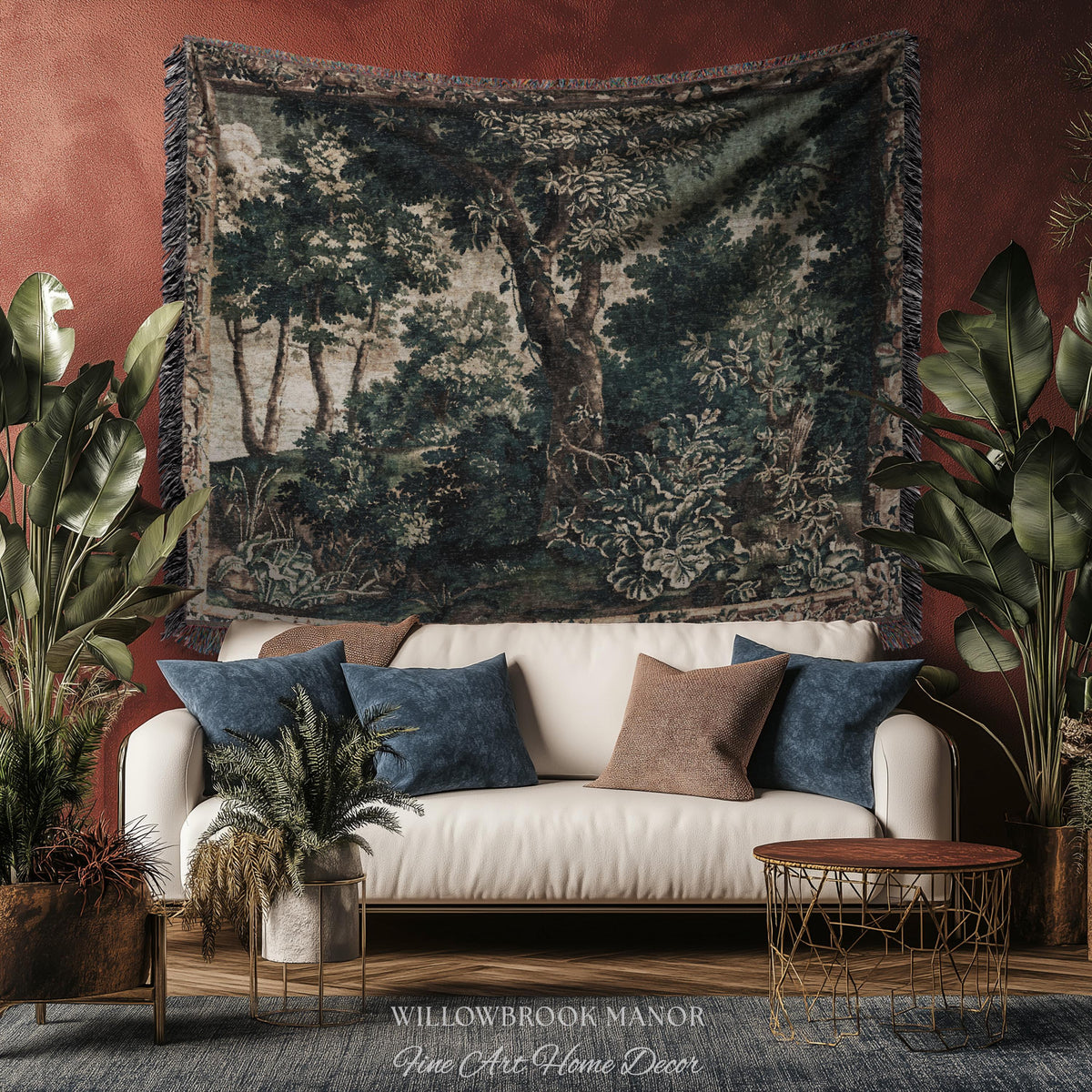 Enchanted Forest English Woodland Elegant Textile Art, Antique Cottage Style Decor Verdant Verdure Tapestry Woven Throw Nature Wall Hanging