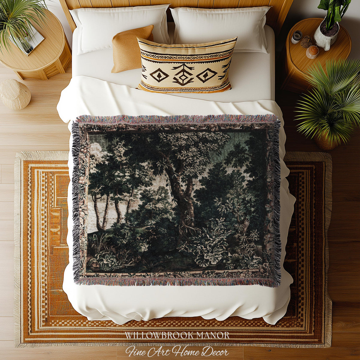 Enchanted Forest English Woodland Elegant Textile Art, Antique Cottage Style Decor Verdant Verdure Tapestry Woven Throw Nature Wall Hanging