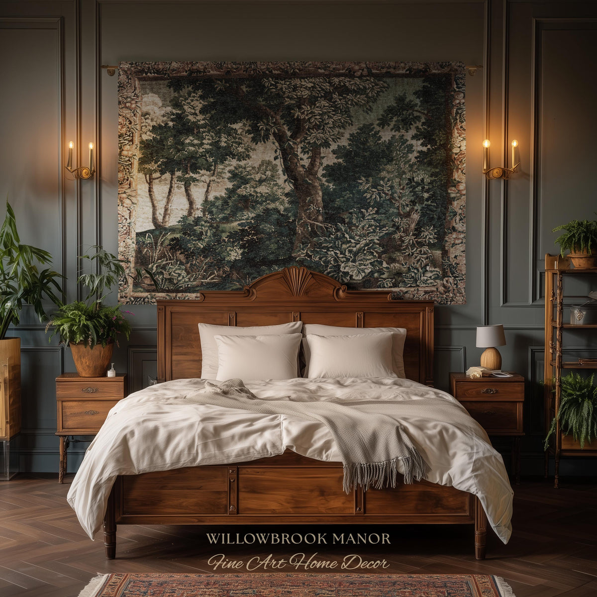 Enchanted Forest English Woodland Elegant Textile Art, Antique Cottage Style Decor Verdant Verdure Tapestry Woven Throw Nature Wall Hanging