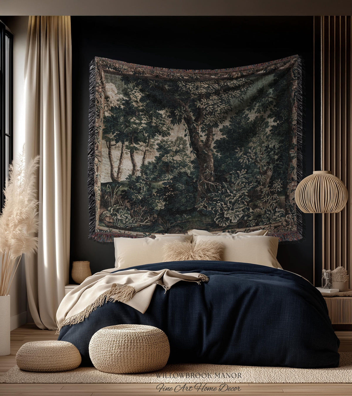 Enchanted Forest English Woodland Elegant Textile Art, Antique Cottage Style Decor Verdant Verdure Tapestry Woven Throw Nature Wall Hanging