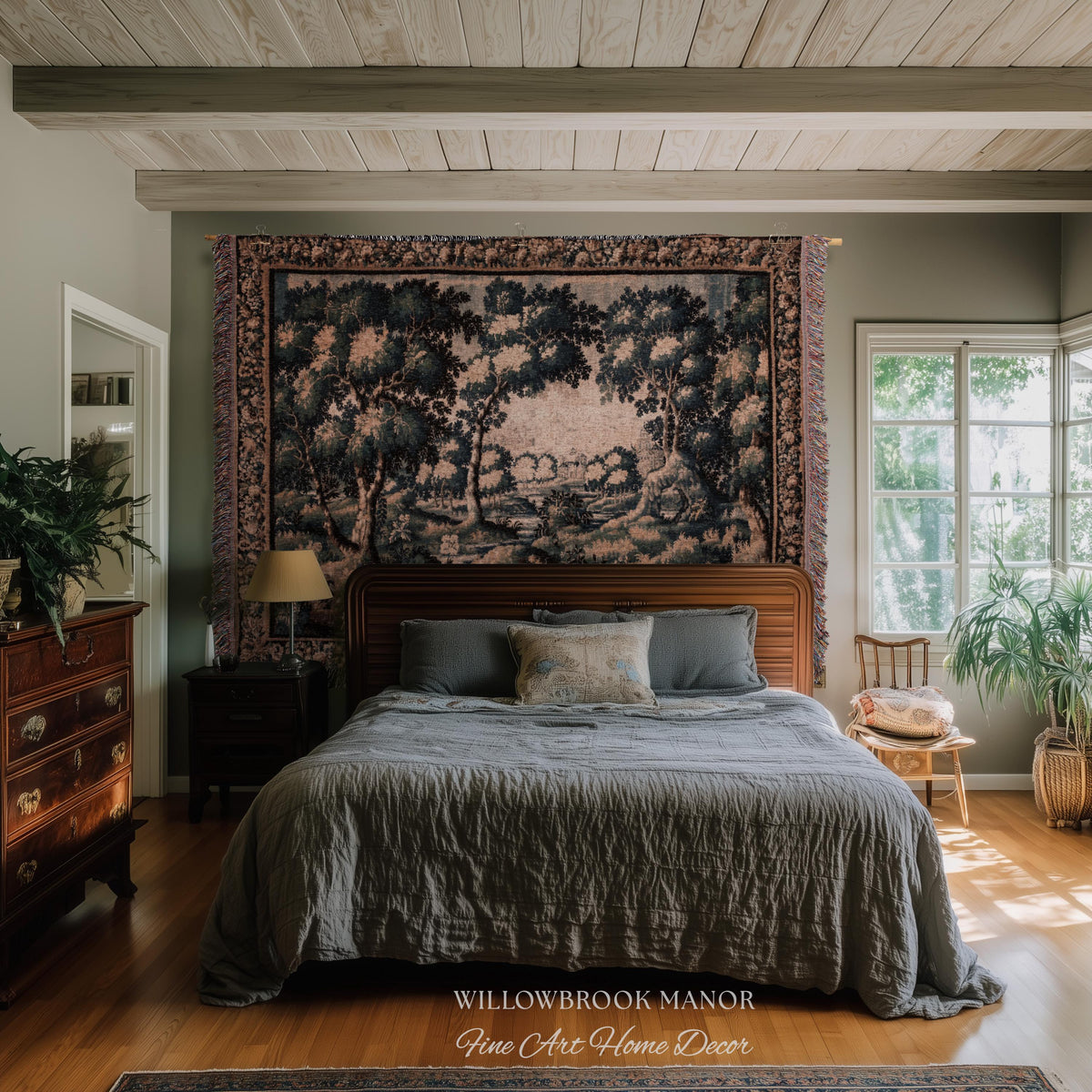 Forest Flora Scenic Tapestry Countryside Wall Art Pastoral Chateau Decor | European Inspired Rustic Nature Woven Blanket Traditional Decor