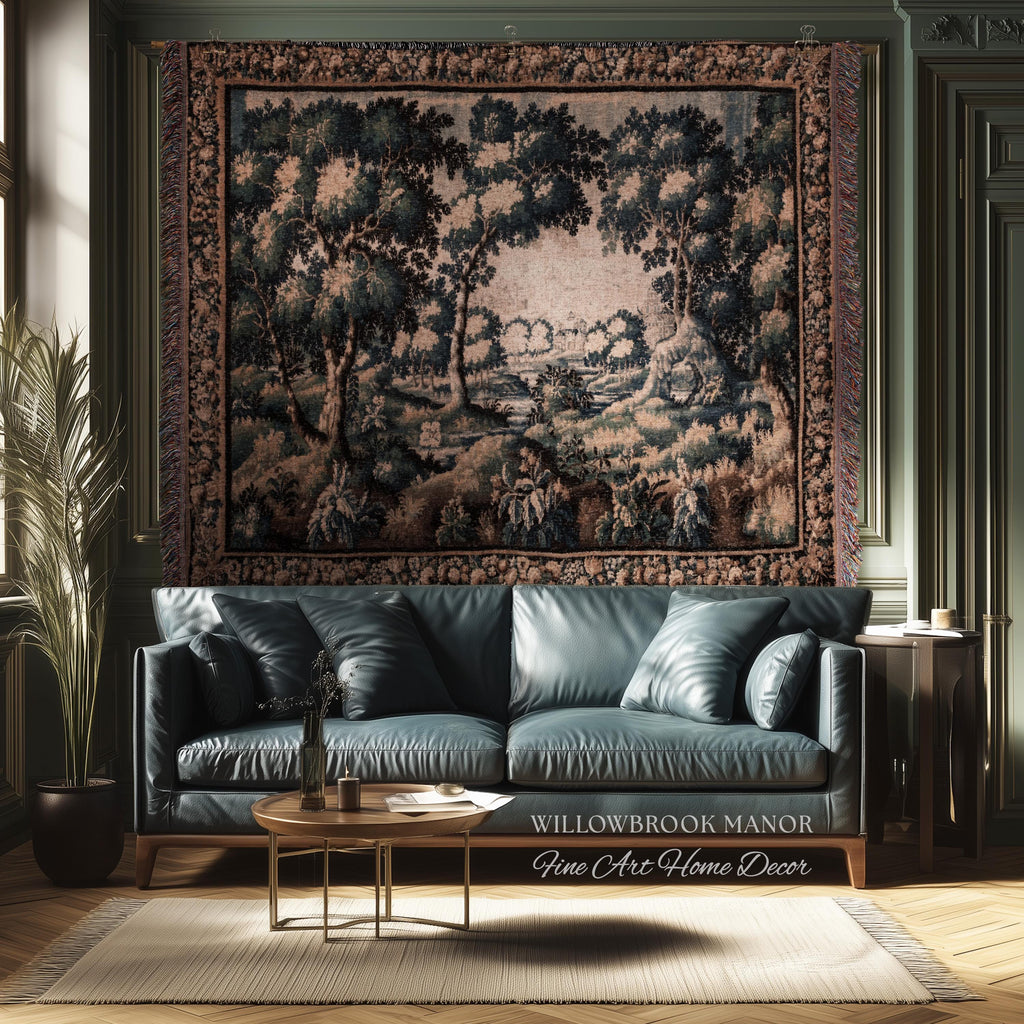 Forest Flora Scenic Tapestry Countryside Wall Art Pastoral Chateau Decor | European Inspired Rustic Nature Woven Blanket Traditional Decor