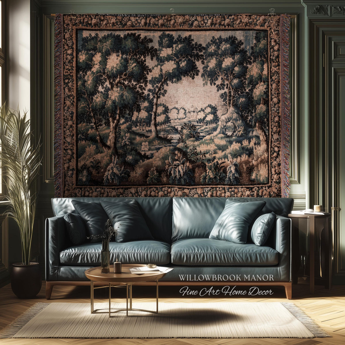 Forest Flora Scenic Tapestry Countryside Wall Art Pastoral Chateau Decor | European Inspired Rustic Nature Woven Blanket Traditional Decor