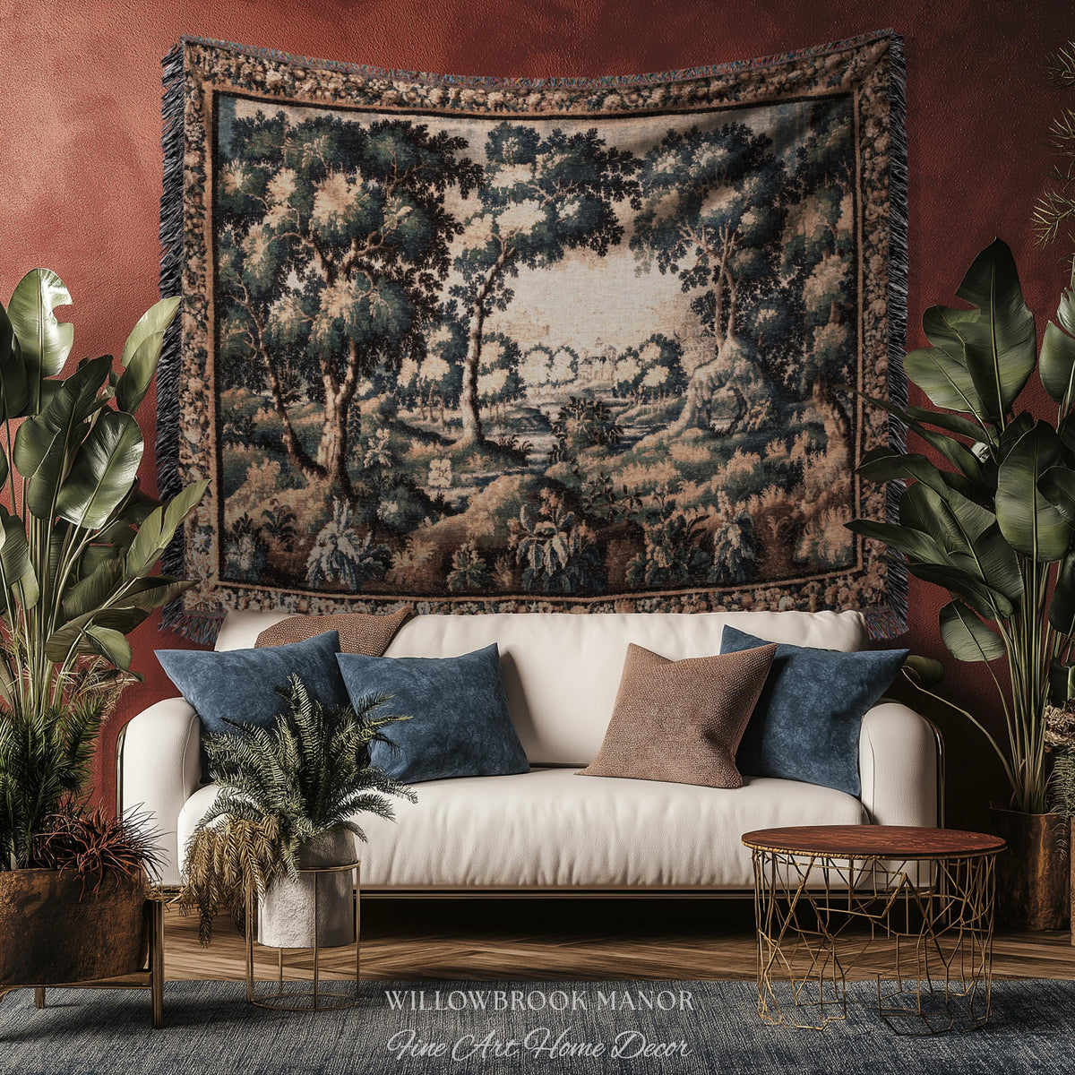 Forest Flora Scenic Tapestry Countryside Wall Art Pastoral Chateau Decor | European Inspired Rustic Nature Woven Blanket Traditional Decor