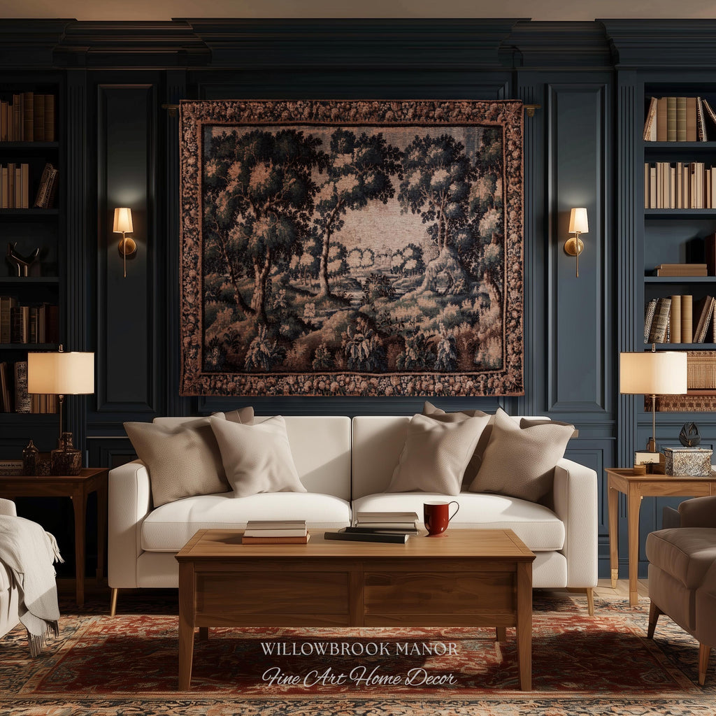 Forest Flora Scenic Tapestry Countryside Wall Art Pastoral Chateau Decor | European Inspired Rustic Nature Woven Blanket Traditional Decor