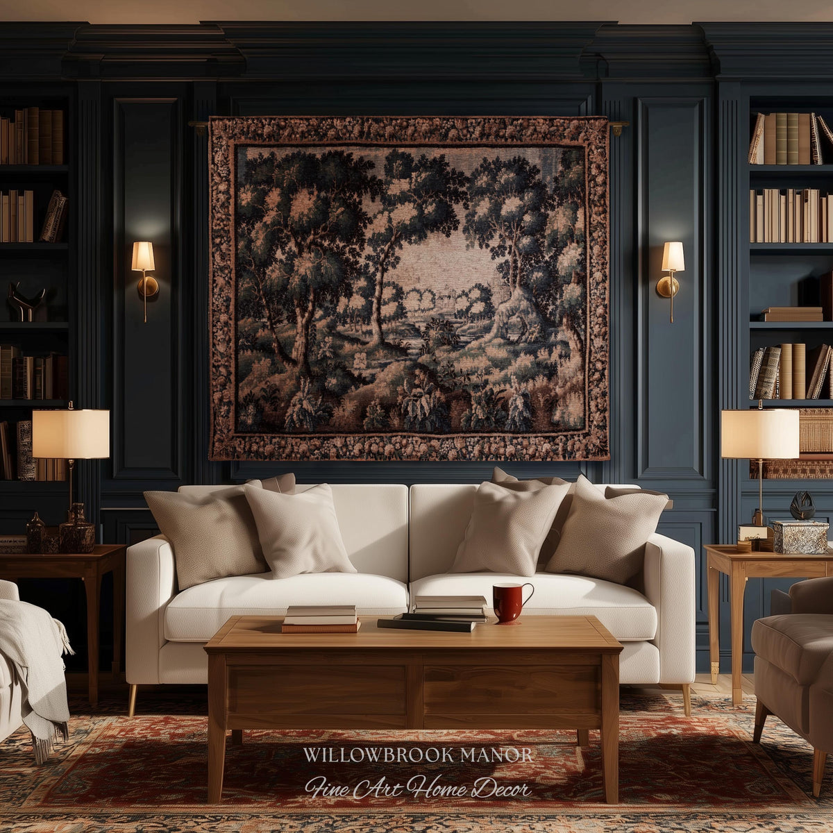 Forest Flora Scenic Tapestry Countryside Wall Art Pastoral Chateau Decor | European Inspired Rustic Nature Woven Blanket Traditional Decor