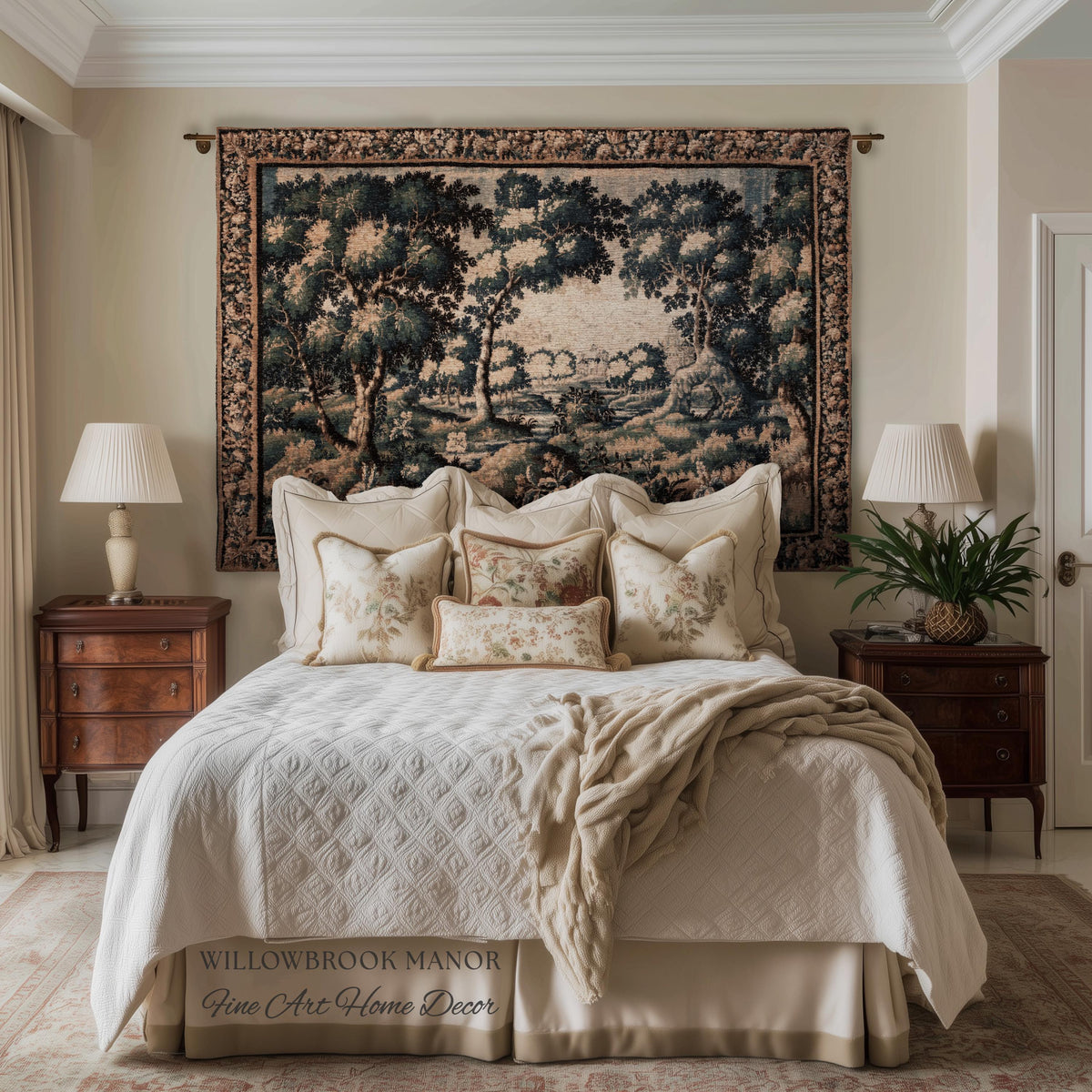Forest Flora Scenic Tapestry Countryside Wall Art Pastoral Chateau Decor | European Inspired Rustic Nature Woven Blanket Traditional Decor