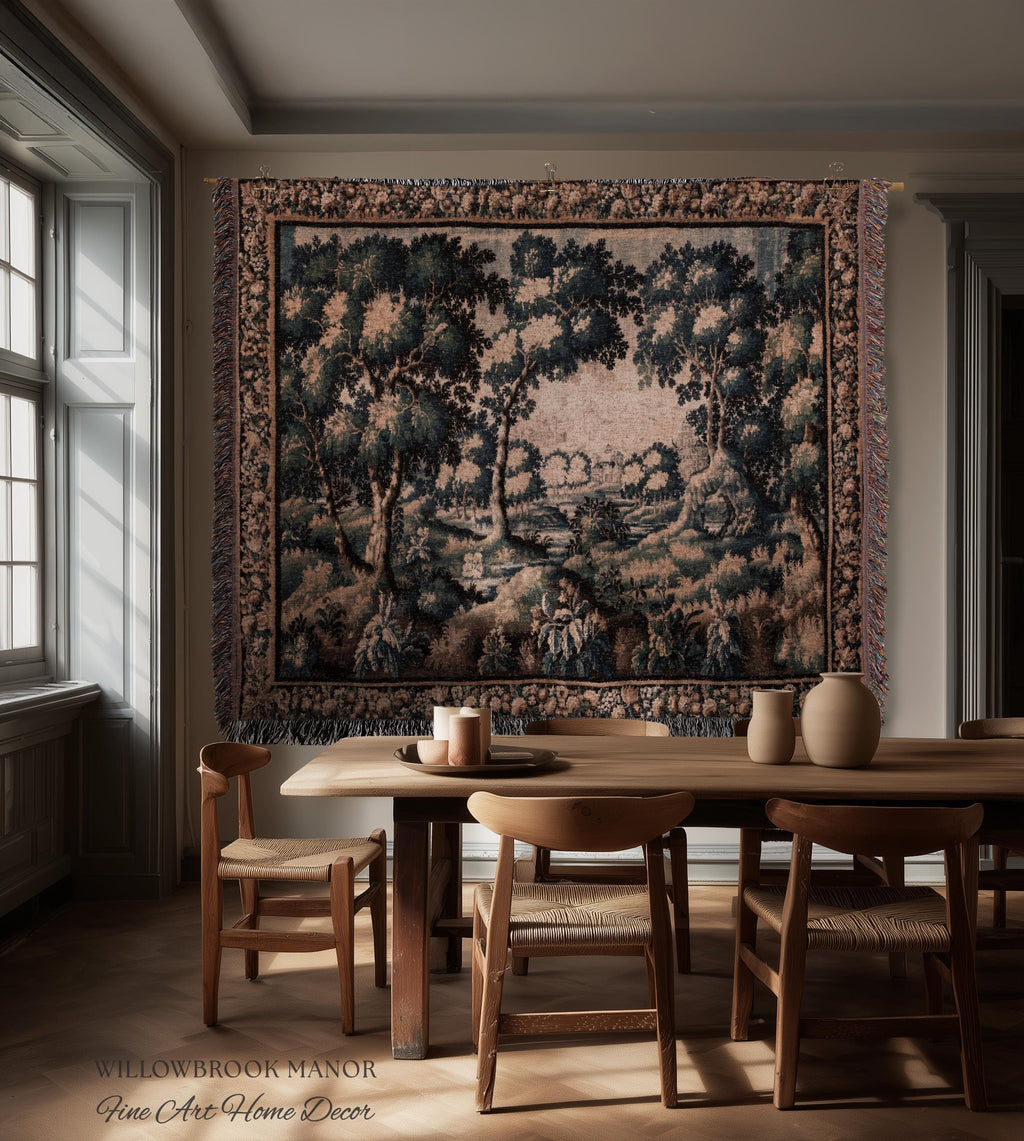 Forest Flora Scenic Tapestry Countryside Wall Art Pastoral Chateau Decor | European Inspired Rustic Nature Woven Blanket Traditional Decor