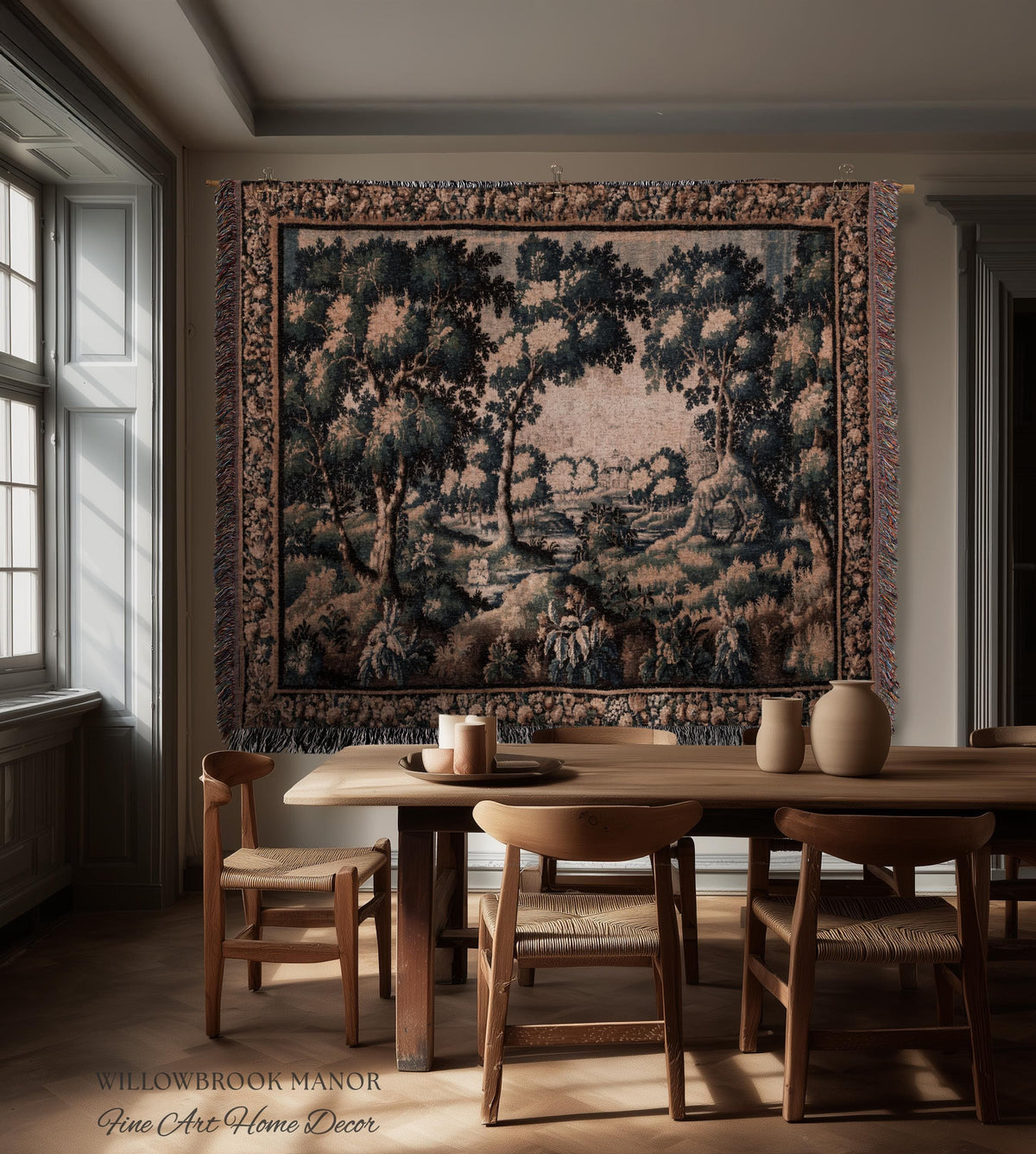 Forest Flora Scenic Tapestry Countryside Wall Art Pastoral Chateau Decor | European Inspired Rustic Nature Woven Blanket Traditional Decor