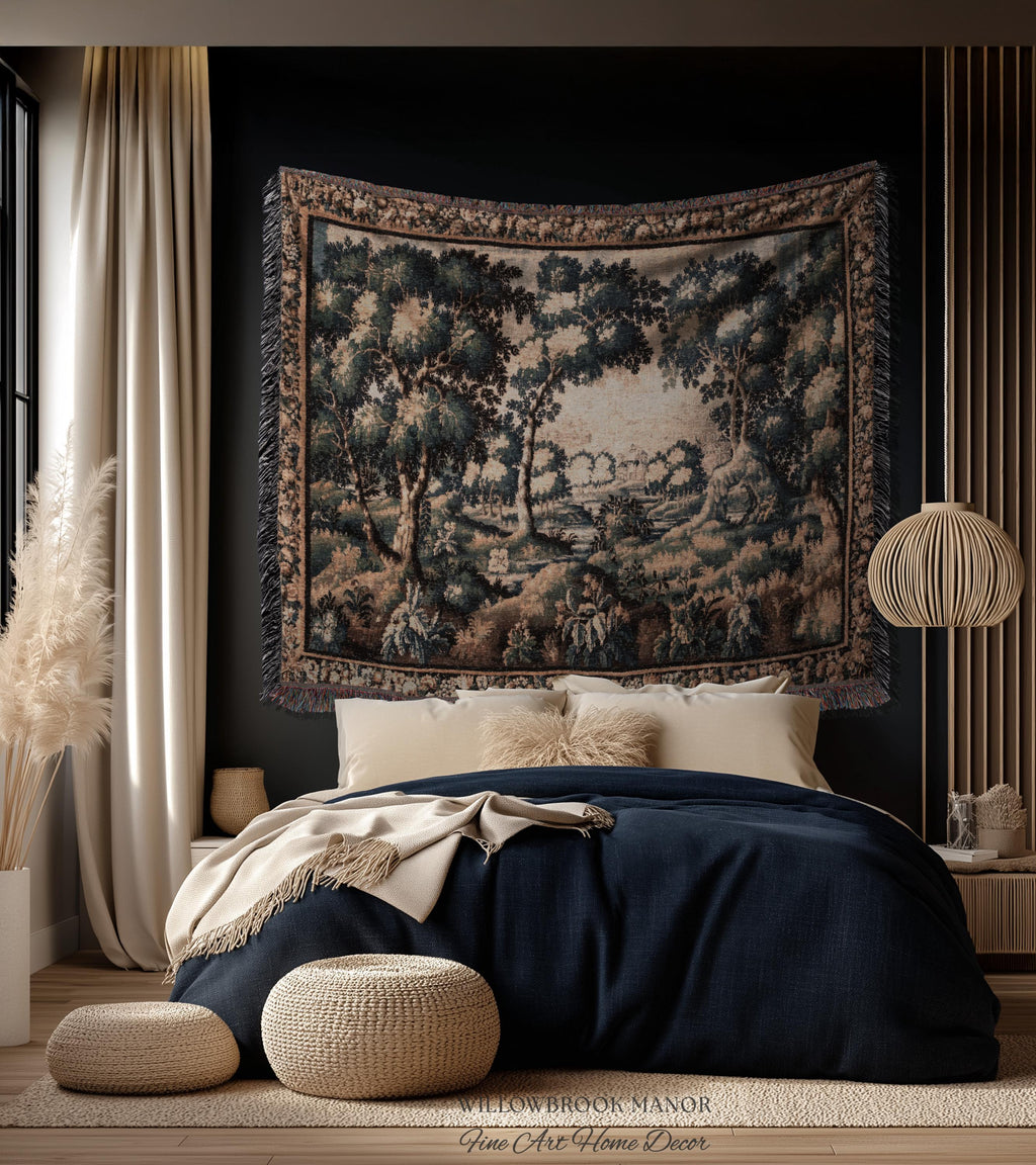 Forest Flora Scenic Tapestry Countryside Wall Art Pastoral Chateau Decor | European Inspired Rustic Nature Woven Blanket Traditional Decor