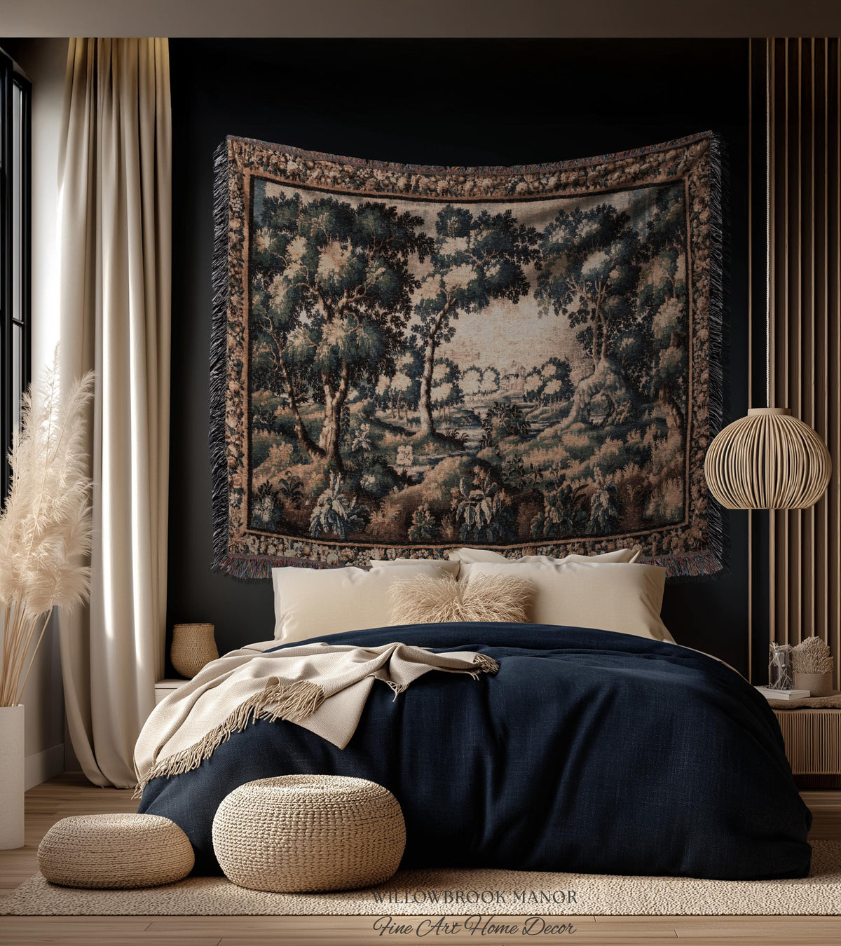 Forest Flora Scenic Tapestry Countryside Wall Art Pastoral Chateau Decor | European Inspired Rustic Nature Woven Blanket Traditional Decor