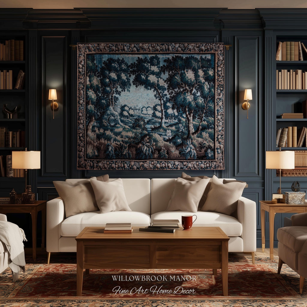 Timeless Chateau Style French Aubusson Tapestry Throw | Blue Vintage Indigo Landscape Woodland River Art Rustic Luxury Woven Blanket Decor