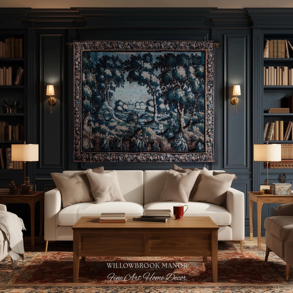 Timeless Chateau Style French Aubusson Tapestry Throw | Blue Vintage Indigo Landscape Woodland River Art Rustic Luxury Woven Blanket Decor
