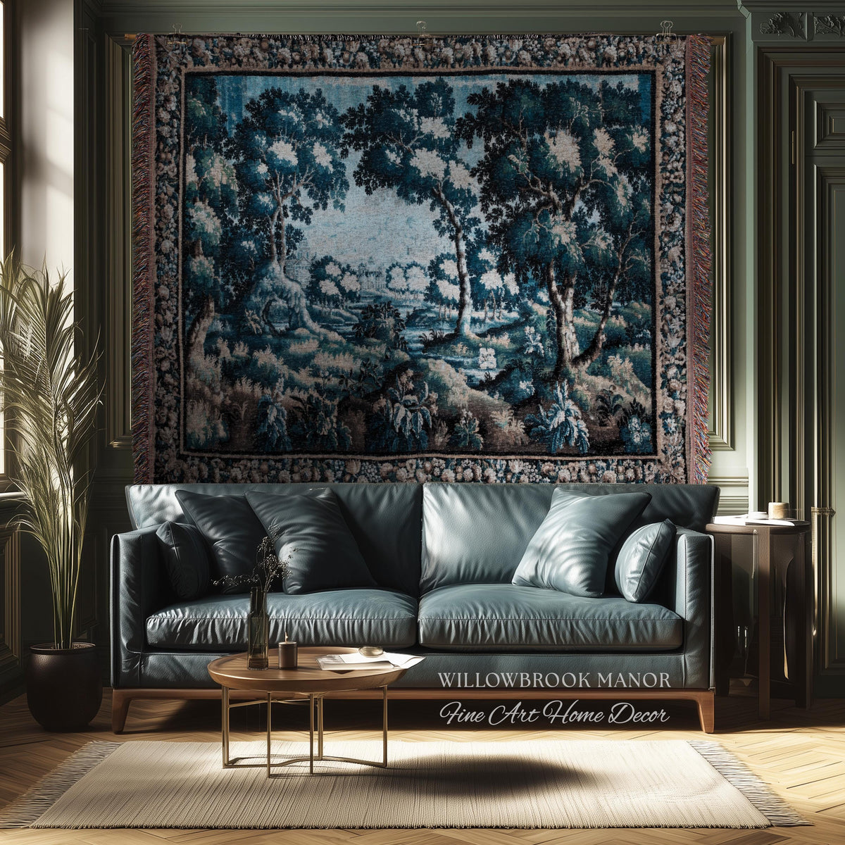 Timeless Chateau Style French Aubusson Tapestry Throw | Blue Vintage Indigo Landscape Woodland River Art Rustic Luxury Woven Blanket Decor