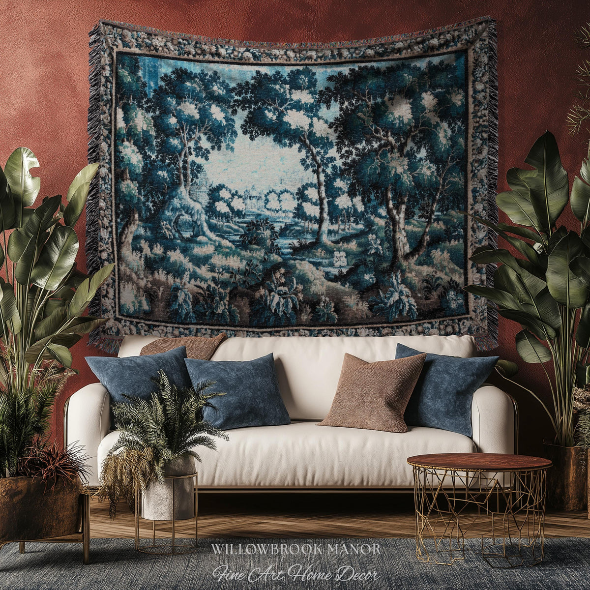 Timeless Chateau Style French Aubusson Tapestry Throw | Blue Vintage Indigo Landscape Woodland River Art Rustic Luxury Woven Blanket Decor