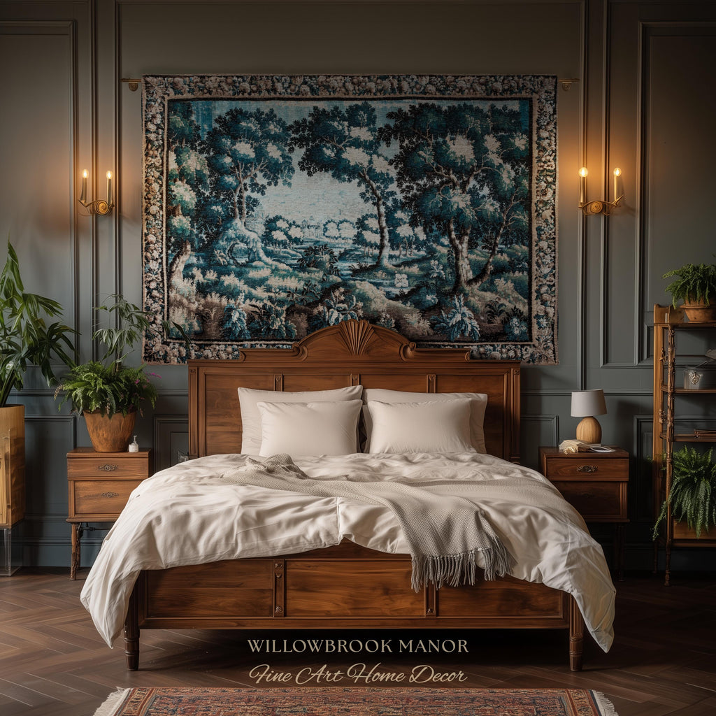 Timeless Chateau Style French Aubusson Tapestry Throw | Blue Vintage Indigo Landscape Woodland River Art Rustic Luxury Woven Blanket Decor