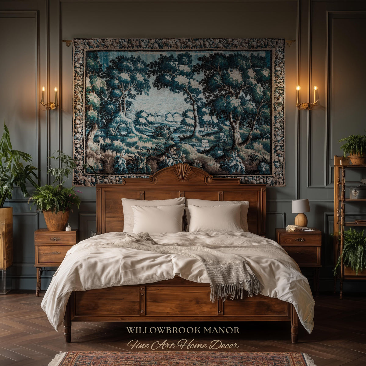 Timeless Chateau Style French Aubusson Tapestry Throw | Blue Vintage Indigo Landscape Woodland River Art Rustic Luxury Woven Blanket Decor