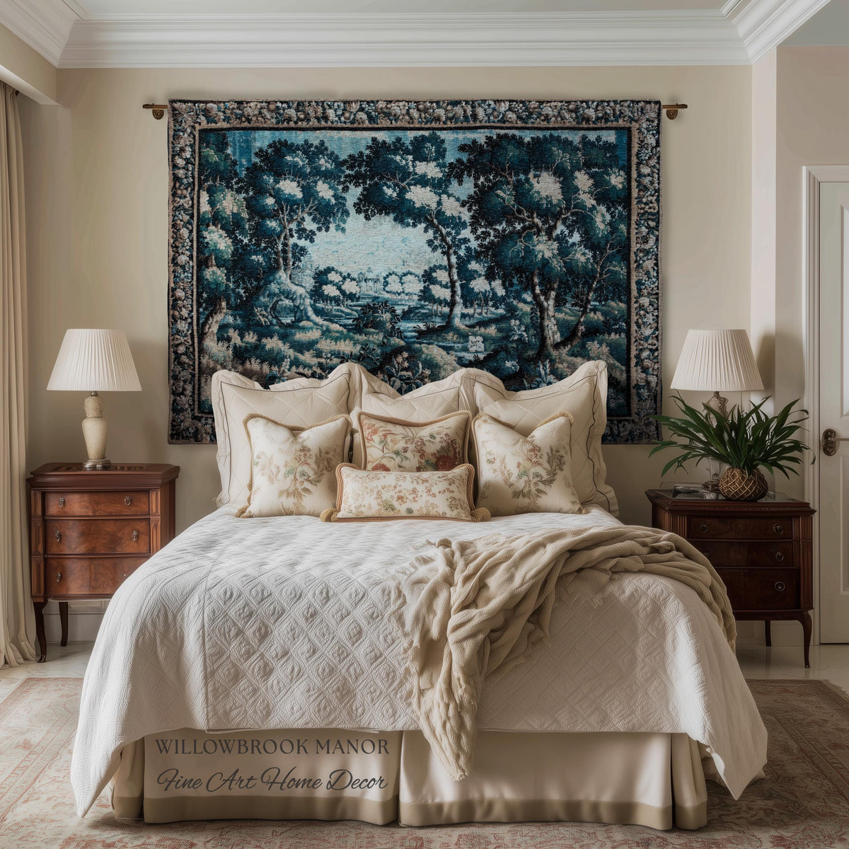 Timeless Chateau Style French Aubusson Tapestry Throw | Blue Vintage Indigo Landscape Woodland River Art Rustic Luxury Woven Blanket Decor