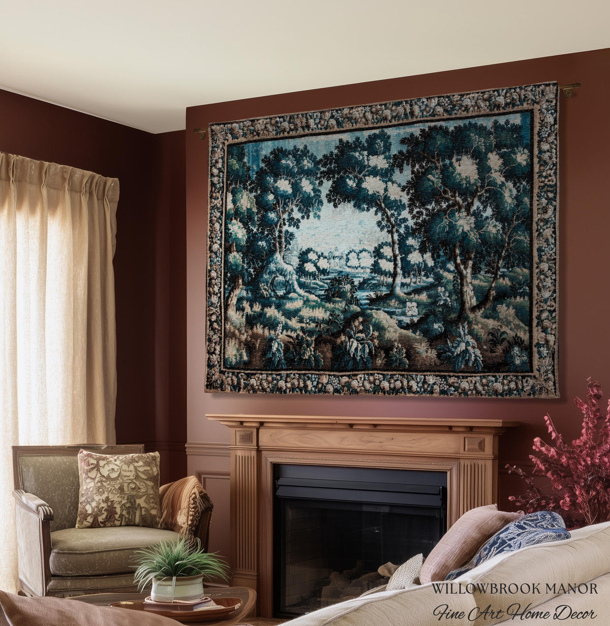 Timeless Chateau Style French Aubusson Tapestry Throw | Blue Vintage Indigo Landscape Woodland River Art Rustic Luxury Woven Blanket Decor