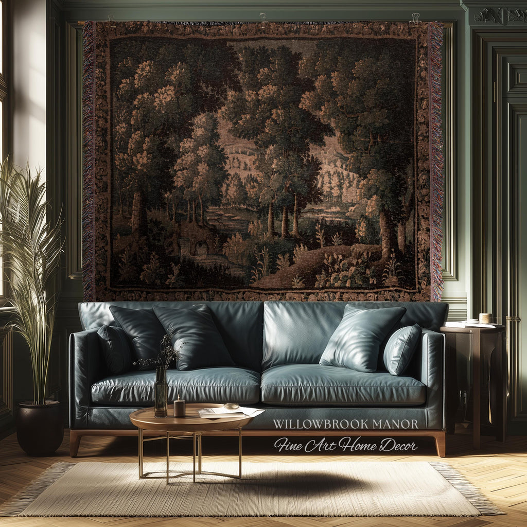 Rural Landscape French Jacquard Woven Throw Warm Earth Tone Verdure Blanket, Traditional Historic Forest Scene Textile Rustic Antique Decor
