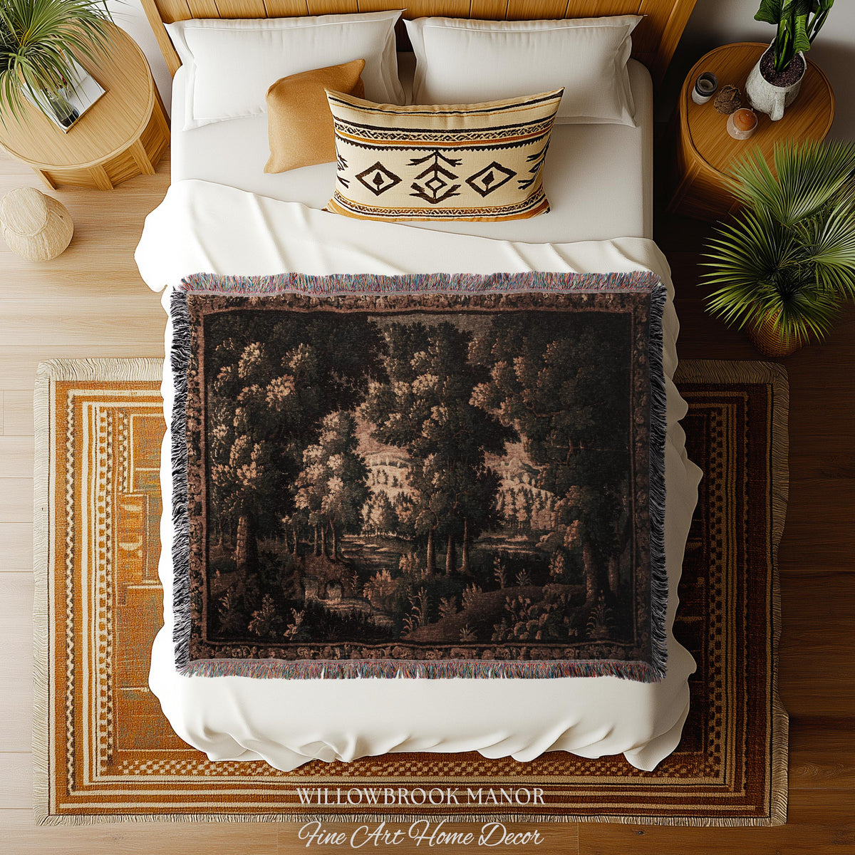 Rural Landscape French Jacquard Woven Throw Warm Earth Tone Verdure Blanket, Traditional Historic Forest Scene Textile Rustic Antique Decor