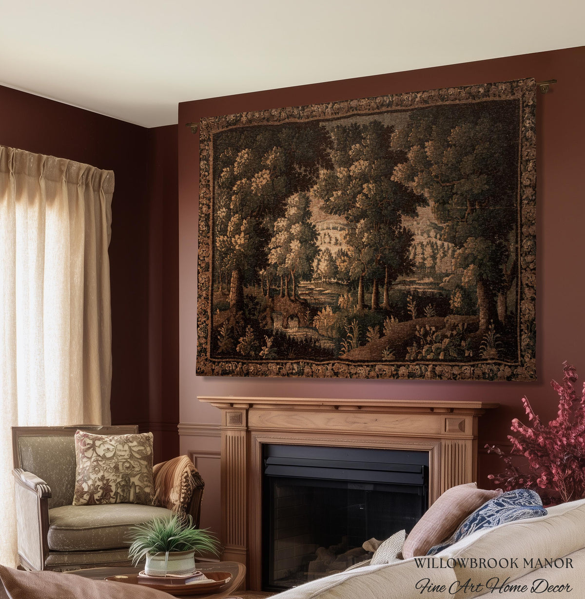 Rural Landscape French Jacquard Woven Throw Warm Earth Tone Verdure Blanket, Traditional Historic Forest Scene Textile Rustic Antique Decor