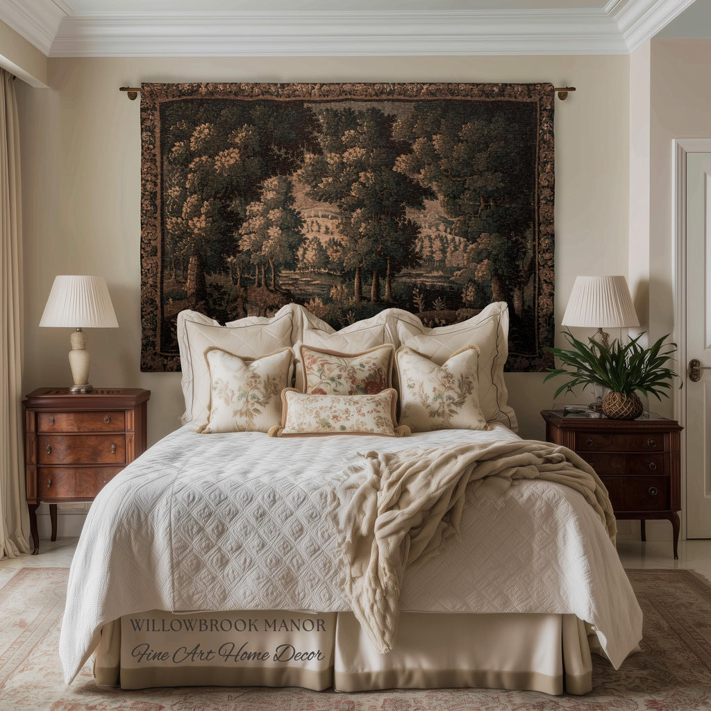 Rural Landscape French Jacquard Woven Throw Warm Earth Tone Verdure Blanket, Traditional Historic Forest Scene Textile Rustic Antique Decor