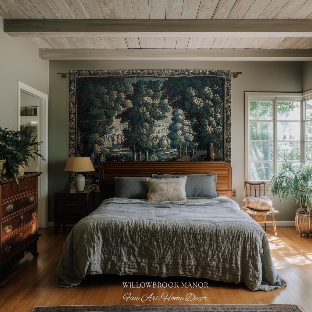 17th Century French Verdure Woodland Tapestry Throw Woven Forest River Landscape Textile Art | Aubusson Style Antique Country Manor Wall Art