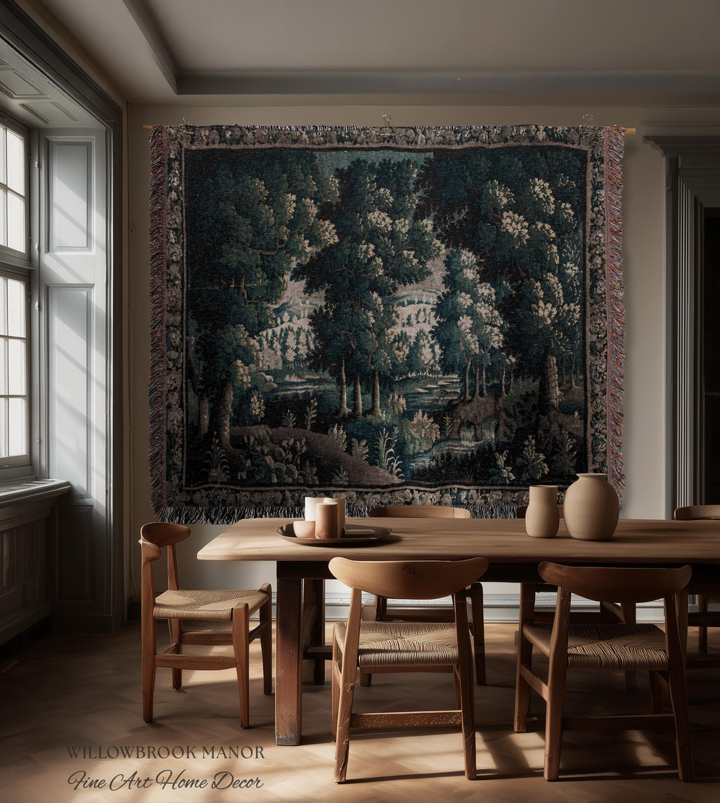 17th Century French Verdure Woodland Tapestry Throw Woven Forest River Landscape Textile Art | Aubusson Style Antique Country Manor Wall Art