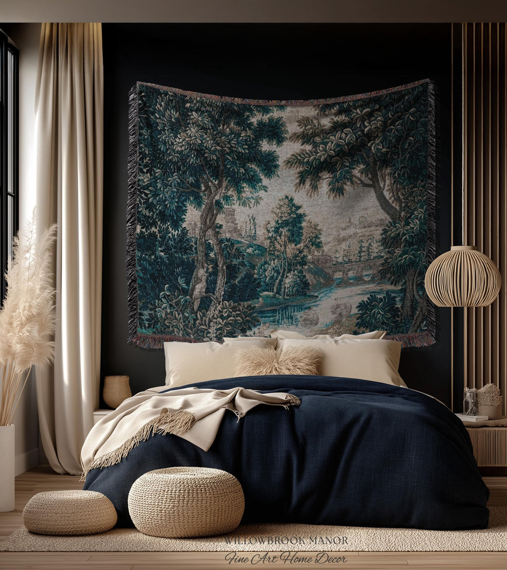 Flemish Woven Verdure Countryside Tapestry Pastoral Nature Art | European Antique Woodland Estate Landscape Scenic River View Heritage Decor