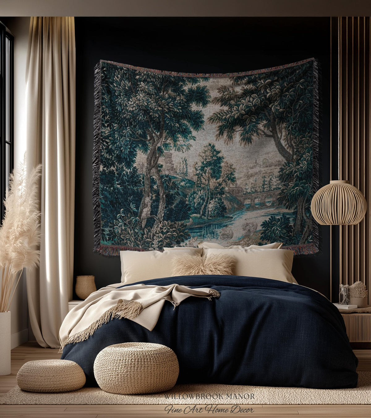 Flemish Woven Verdure Countryside Tapestry Pastoral Nature Art | European Antique Woodland Estate Landscape Scenic River View Heritage Decor