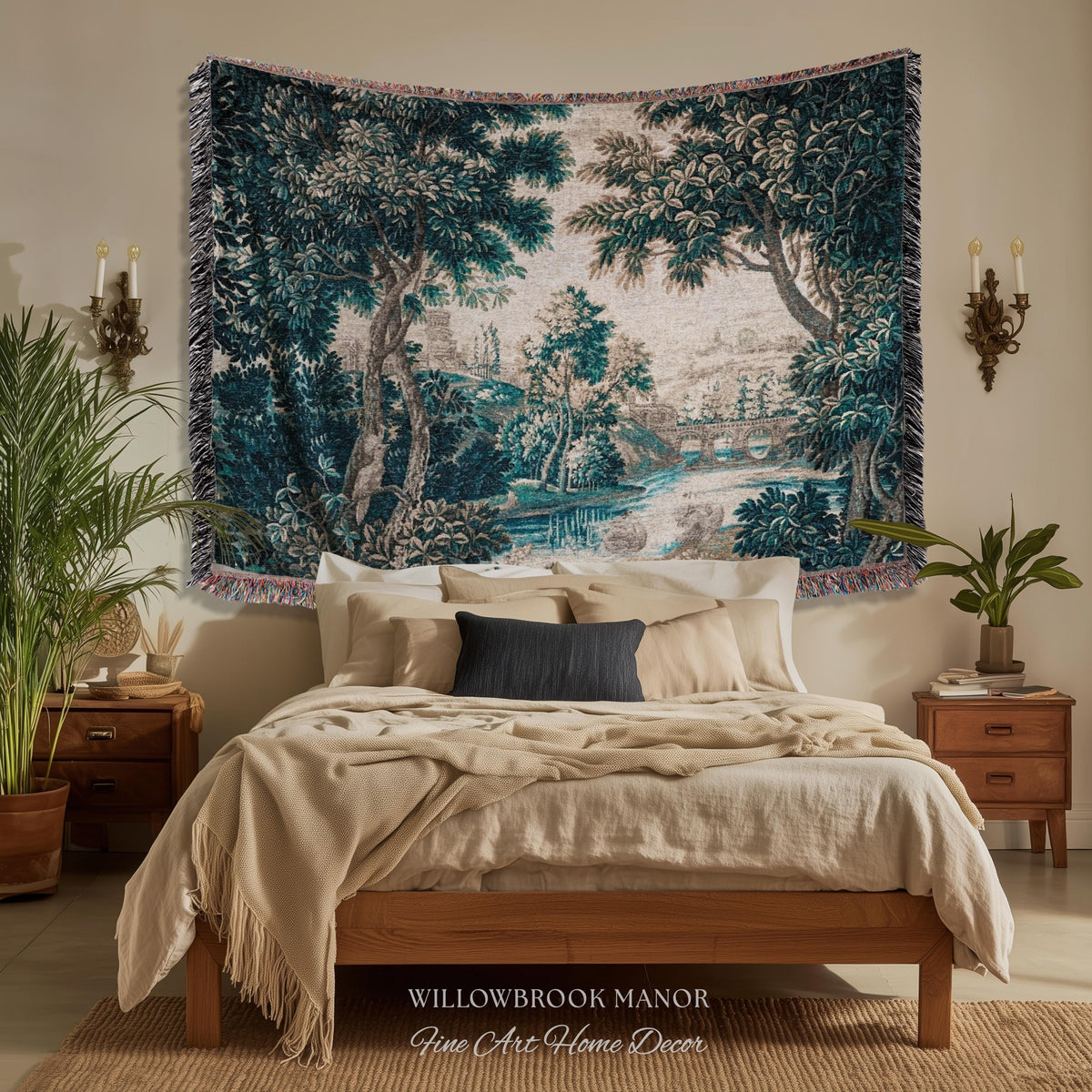 Flemish Woven Verdure Countryside Tapestry Pastoral Nature Art | European Antique Woodland Estate Landscape Scenic River View Heritage Decor