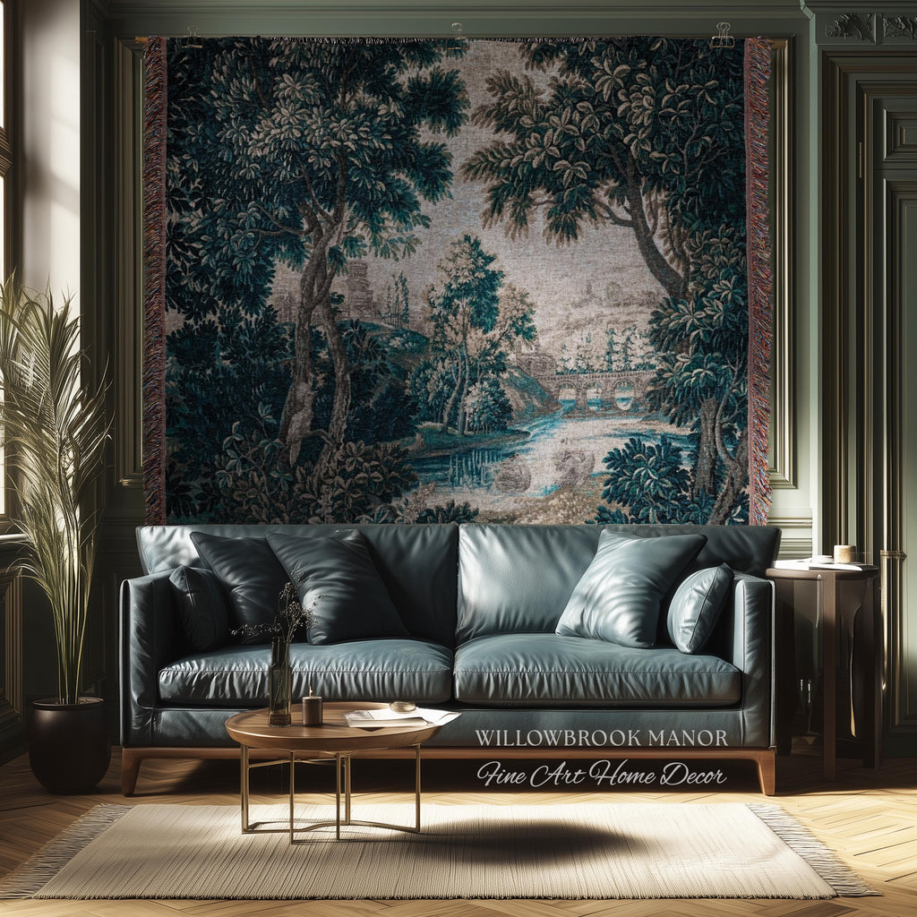Flemish Woven Verdure Countryside Tapestry Pastoral Nature Art | European Antique Woodland Estate Landscape Scenic River View Heritage Decor