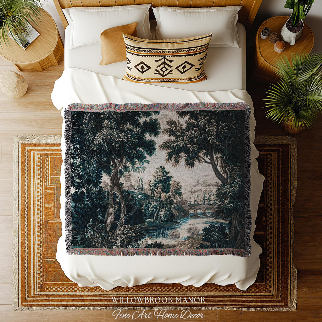 Flemish Woven Verdure Countryside Tapestry Pastoral Nature Art | European Antique Woodland Estate Landscape Scenic River View Heritage Decor