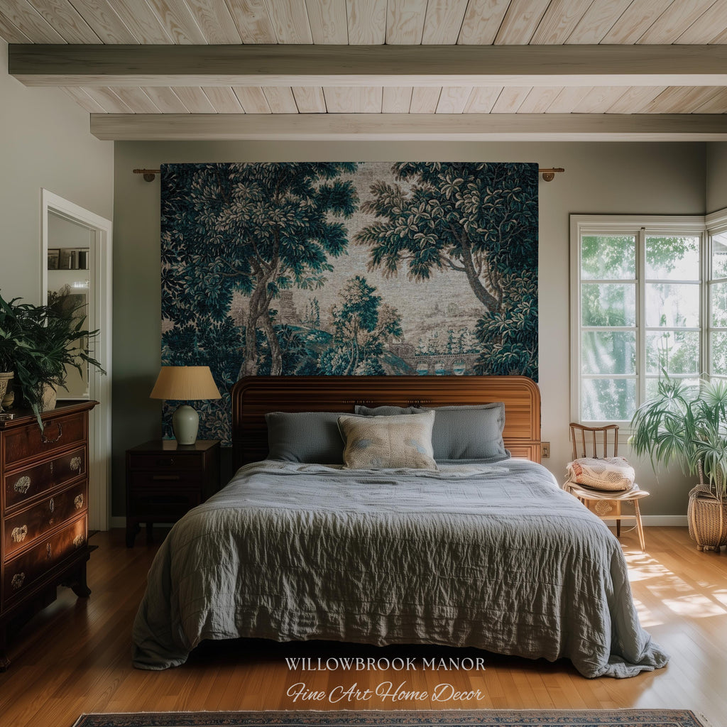 Flemish Woven Verdure Countryside Tapestry Pastoral Nature Art | European Antique Woodland Estate Landscape Scenic River View Heritage Decor